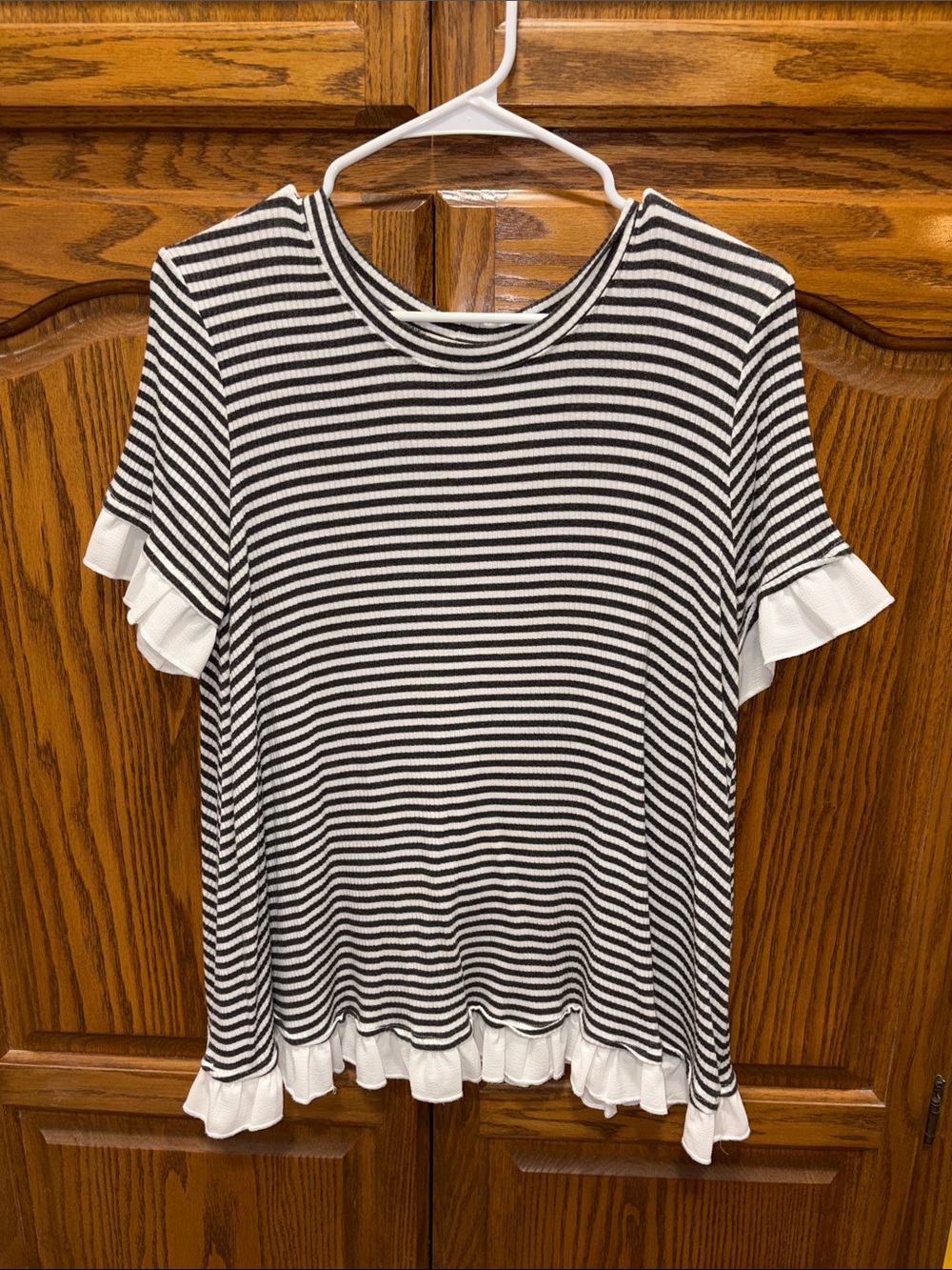 Striped Black and White Ruffle Hem Women's Tunic Style Top